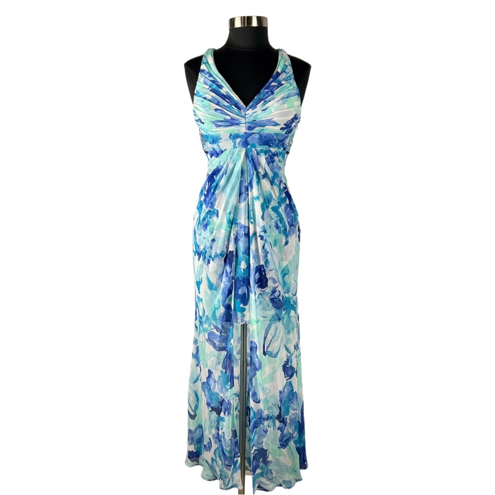 Adrianna Papell Blue & Teal Floral Halter Maxi Gown